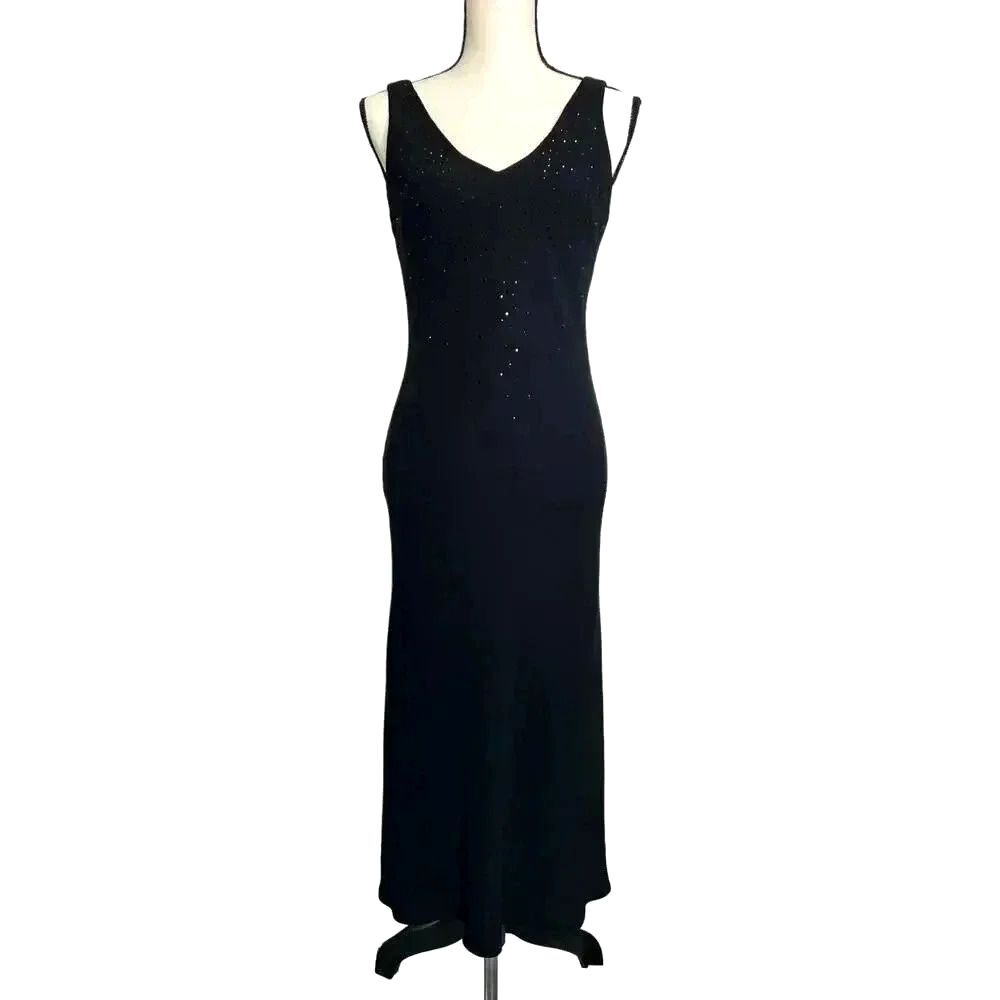 Vintage 90s Rhinestone LBD Evening Bias Cut Black Maxi Dress Jones New York Sz 8
